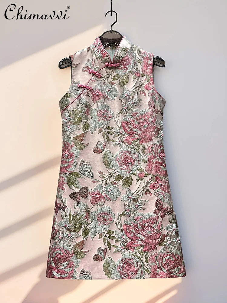 

Платье Cheongsam в китайском стиле для тяжелой промышленности, вышитое бисером, элегантное короткое платье без рукавов с воротником-стойкой и высокой талией для женщин