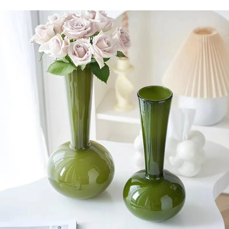 Green Glass Vase Vintage Long Neck Transparent Flower Floral Arrangement Accessories Terrarium Room Decoration