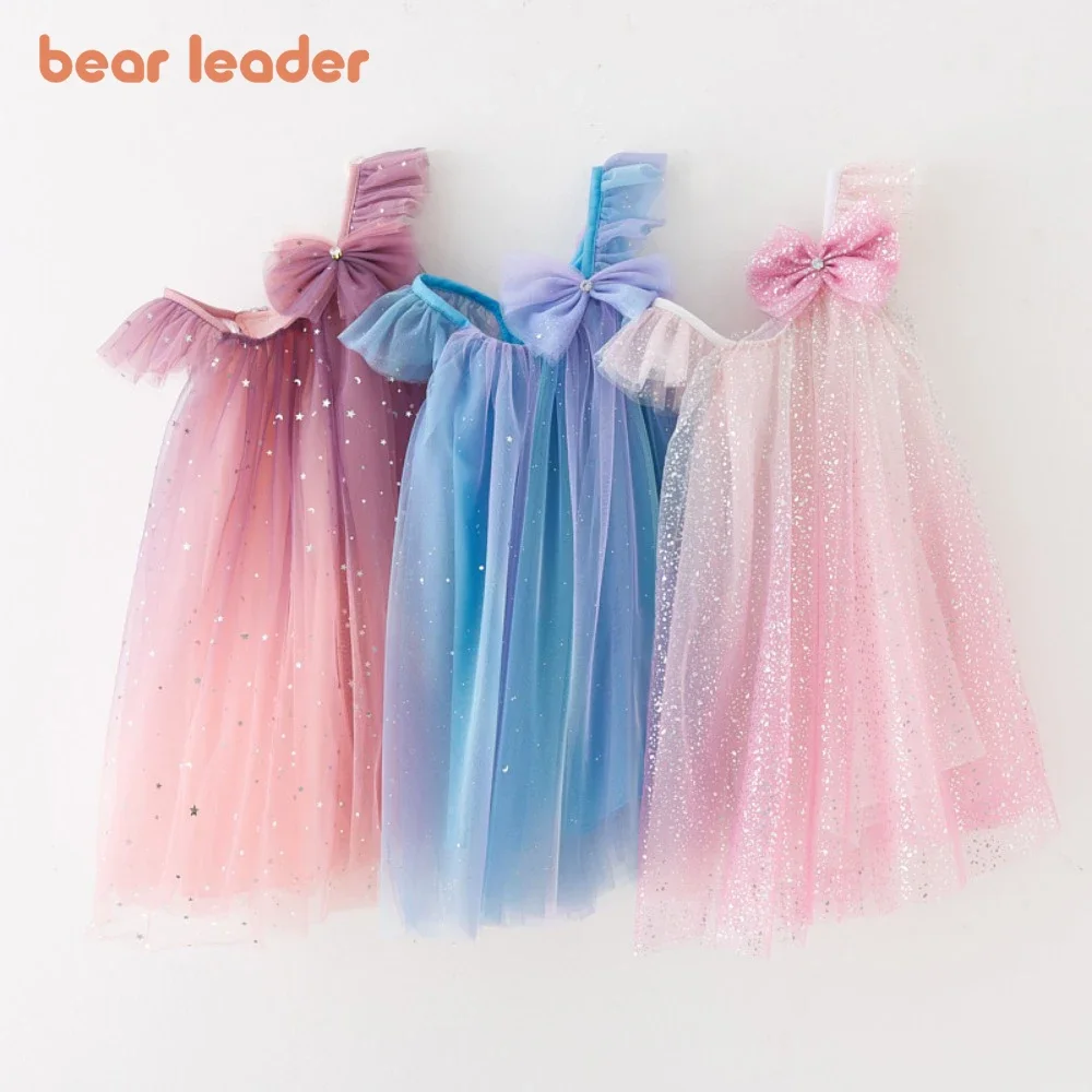 Bear Leader Summer New Girls Dresses Mesh Sequin Rainbow Princess Dress Sleeveless Children's Clothing+Bow Hair Accessories