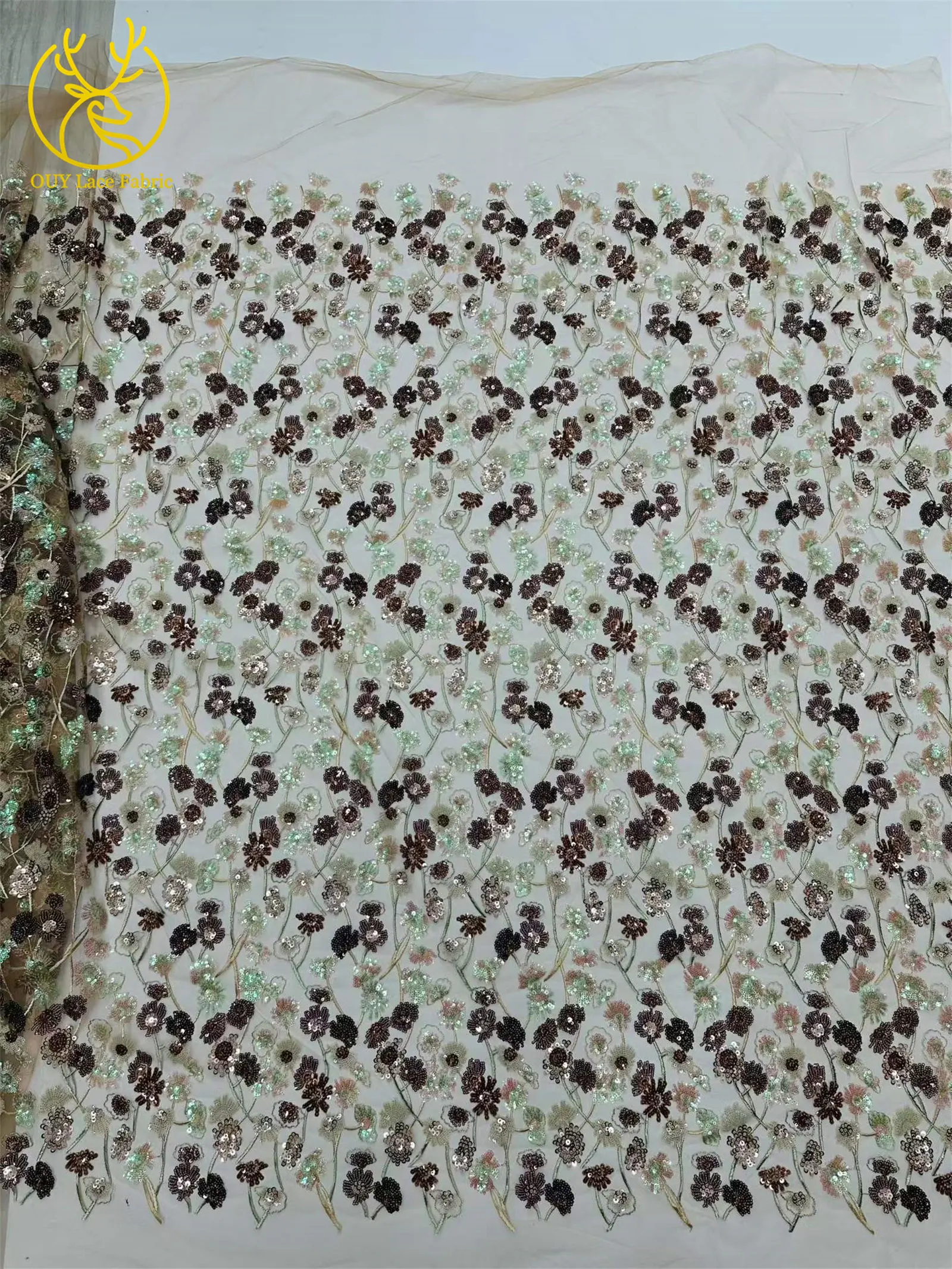 Luxuriöser afrikanischer Pailletten-Spitzenstoff, 5 Yards, hochwertige französische nigerianische Stickerei-Tüllspitze für Hochzeitsfeier, Brautkleid – Detail 10