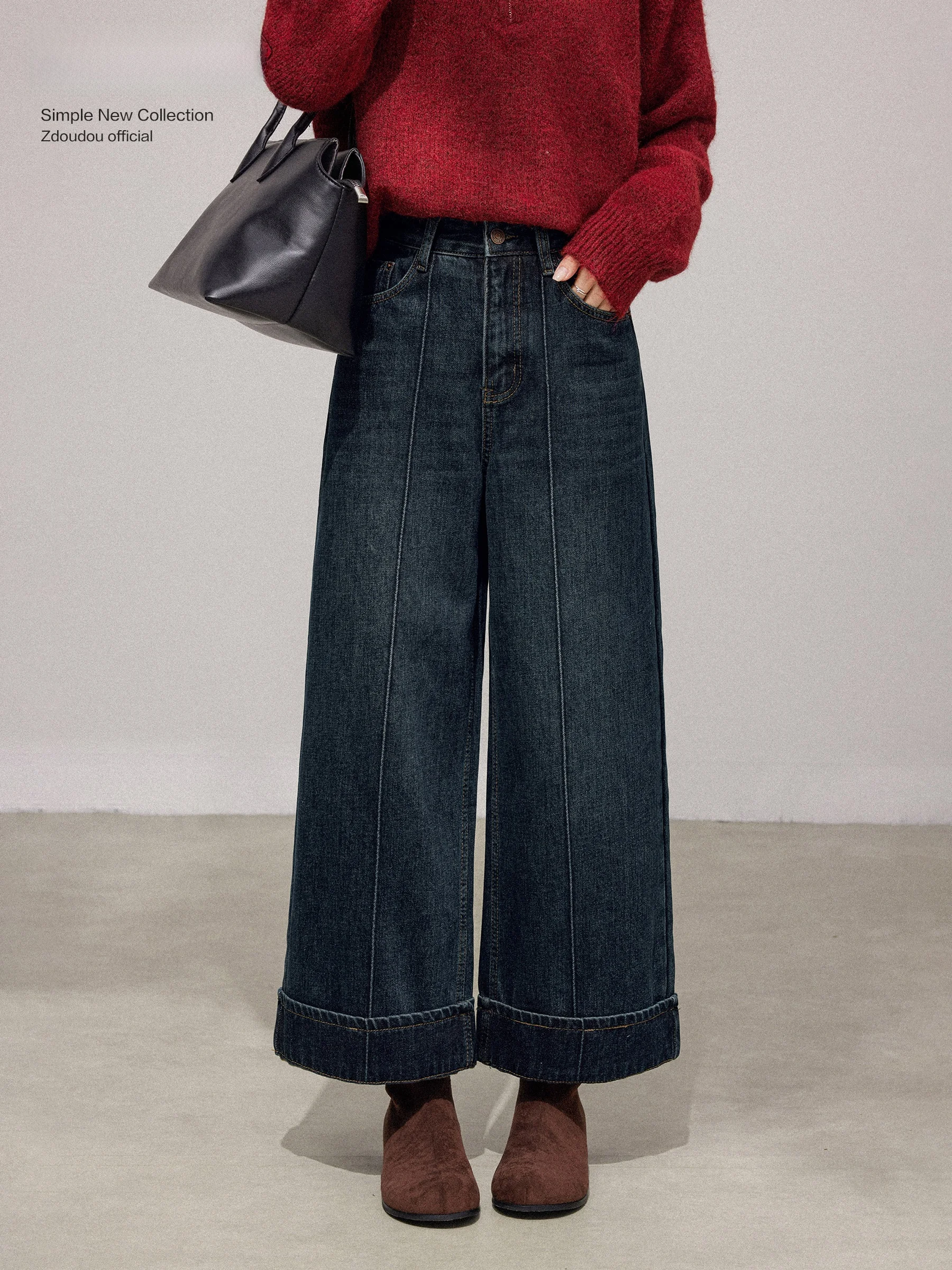 

Синие винтажные широкие джинсы с высокой талией, утепленные, женские, осенне-зимние, прямого кроя, удобные повседневные прямые джинсы