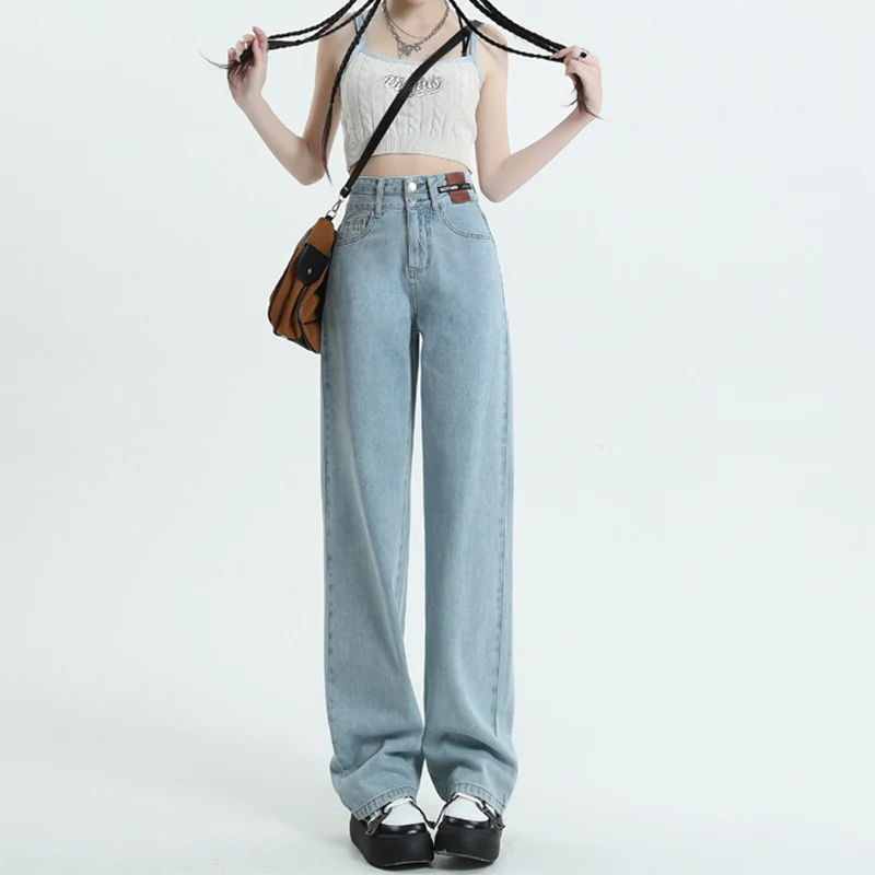 Spring New Fashion Street American Fashion Loose Wide Leg Jeans Women's Solid Pockets Button Zipper High Waited Straight Pants