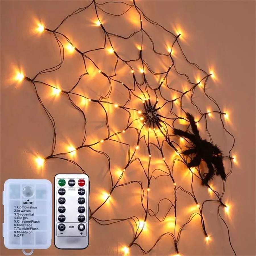 New Halloween LED Spider Webs Fairy Lights Indoor Outdoor 8 Modos Remote String Lights para Dia de Todos os Santos Halloween Party Decor