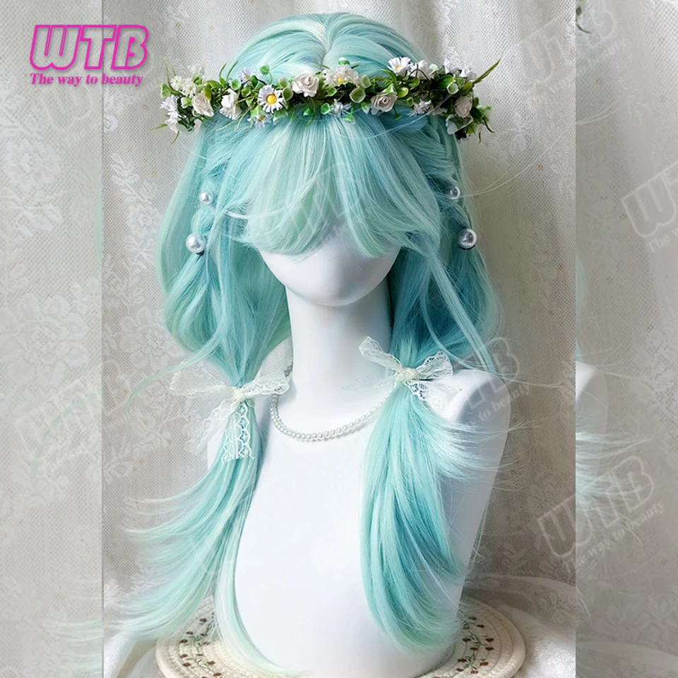 WTB Perruque synthétique droite vert menthe style Lolita avec frange, adaptée aux femmes et aux filles, idéale pour les fêtes, les jeux de rôle et plus encore