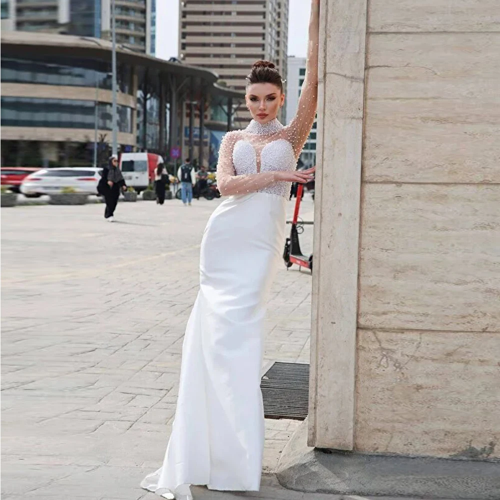 Robe de mariée en perles fabuleuses personnalisées, avec traîne détachable, col haut, manches transparentes, robe de mariée en Satin