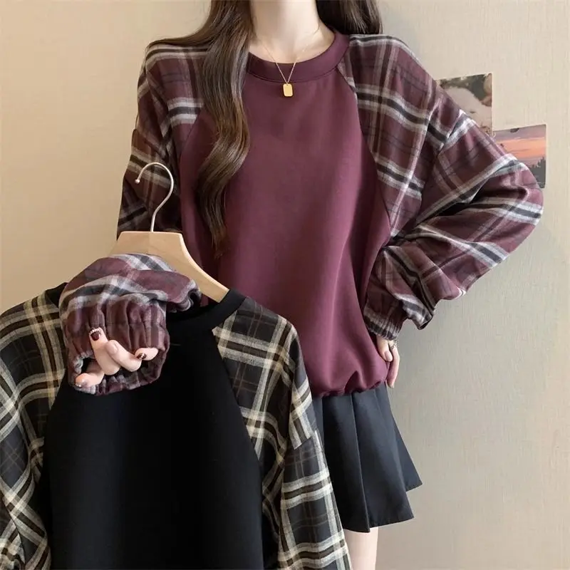 Red Raglan Sleeve Grid Women Sweatshirts Autumn Clothing Pullovers 2024 New Style Vintage Elegant Shirring All-match Chic Tops