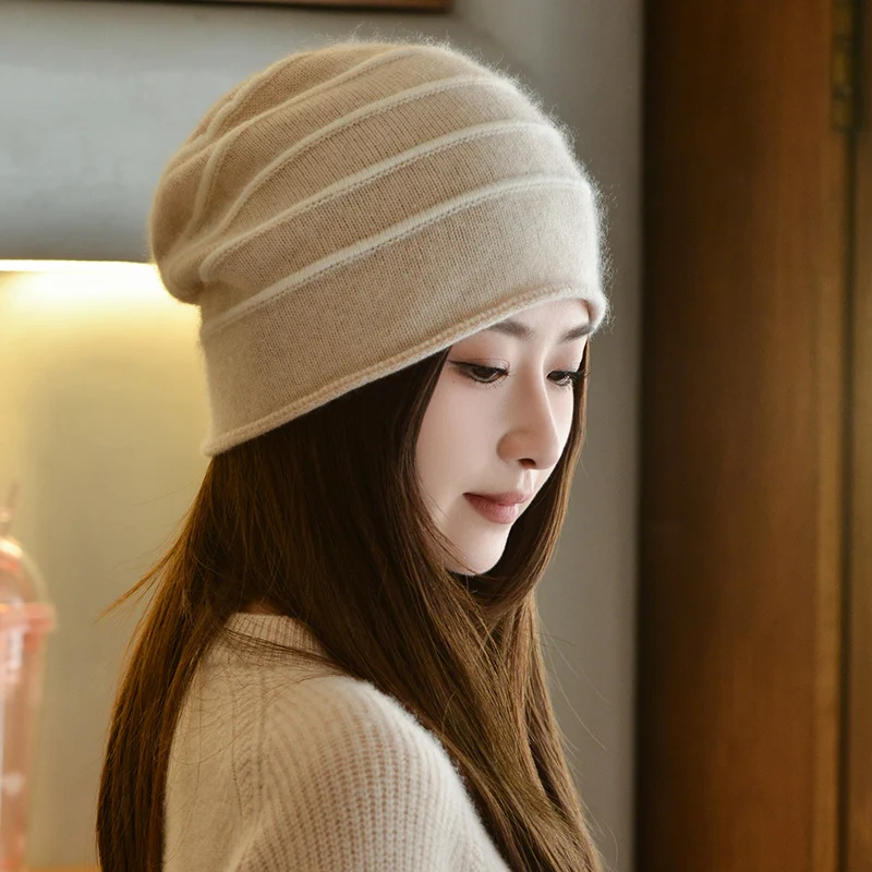 Winter New Women's Casual Striped Knitted Cashmere Hats High Quality Fahsion Outdoor Warmer Beanies Hat Female Soft Hedging Cap