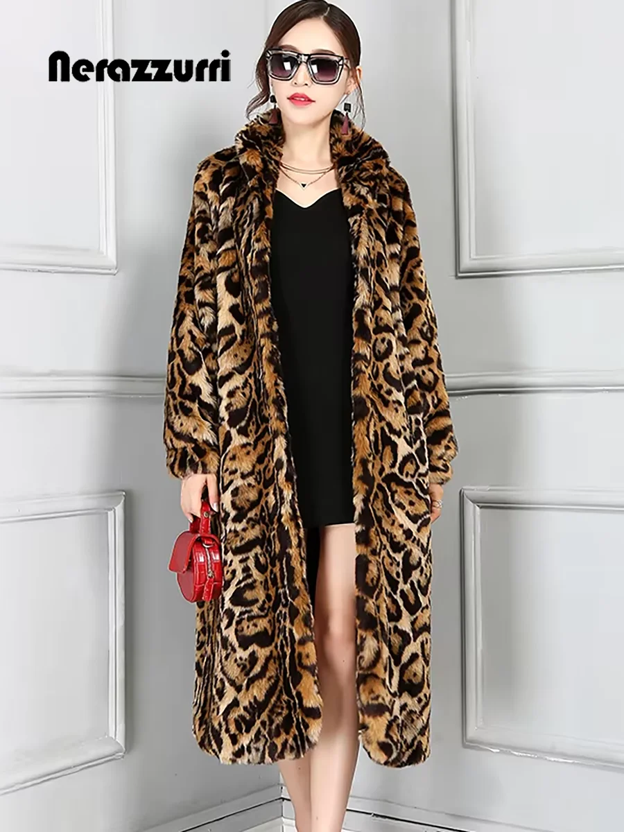 Nerazzurri outono inverno longo grosso quente colorido leopardo impressão fofo casaco de pele do falso feminino gola luxo casaco peludo