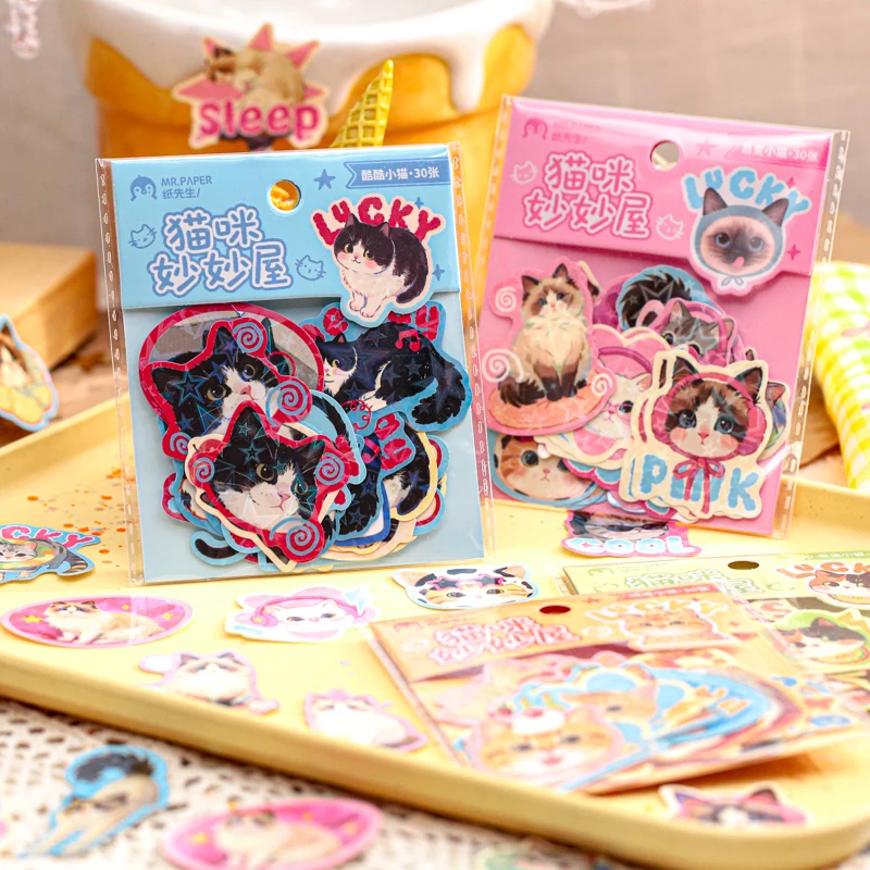 30 hojas/bolsa lindo tema de mascota casa de gato serie pegatina paquete paisaje cuenta hecha a mano para pegatina de oficina decoración de diario de escritorio