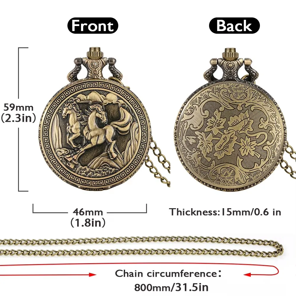Часы с подвеской в виде лошади из античной бронзы, карманные, полностью охотничьи, кварцевые, с цепочкой и ожерельем