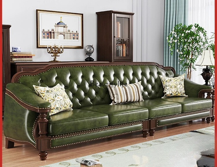 

American retro solid wood leather sofa first layer cowhide light luxury simple country style