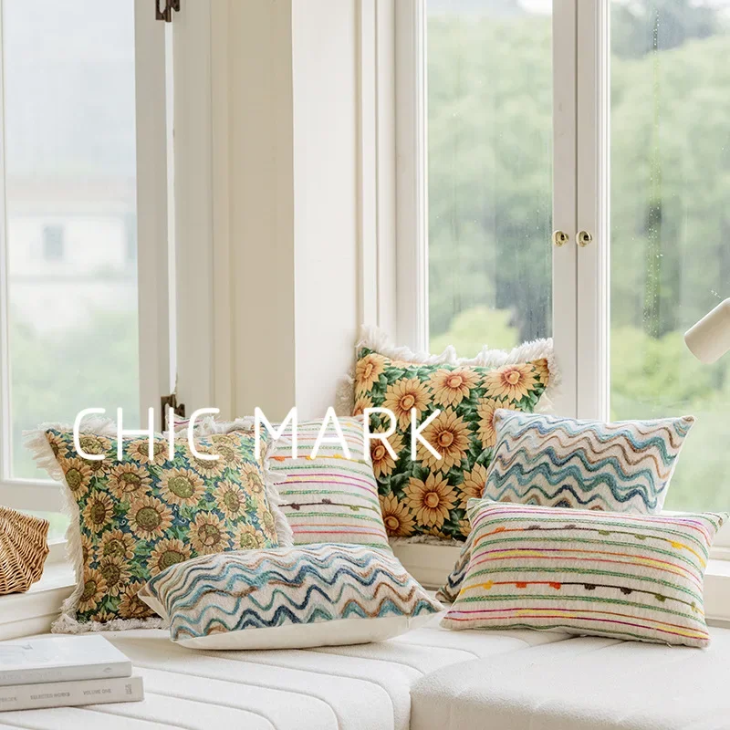 

French Colored Sunflower Lines Cushion Cover Cushion Case Home Decor Cotton Pillow Case Living Room Bedroom Sofa