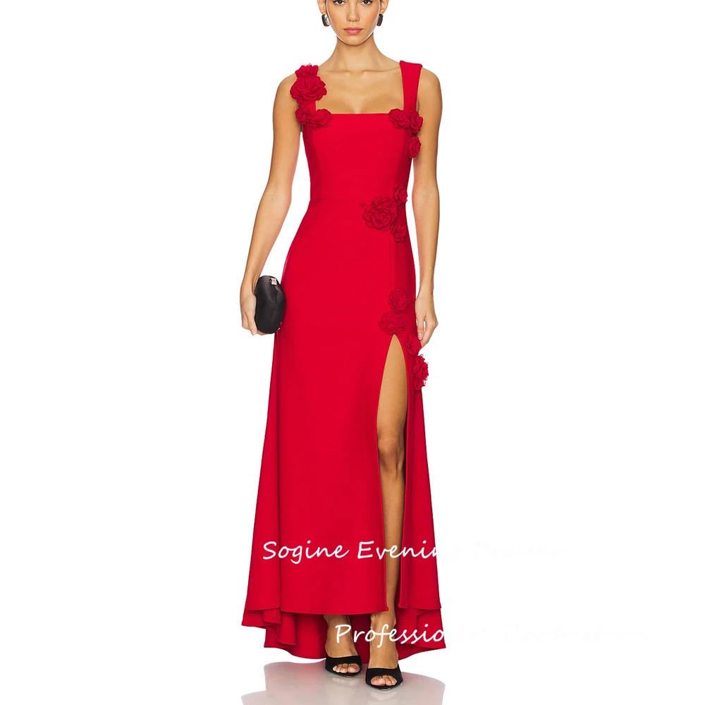 

Red Customized Spaghtti Strap Evening Dress With Slit Elegant 3d Appliques High-Low Prom Party Dress Women's Vestidos De Fiesta