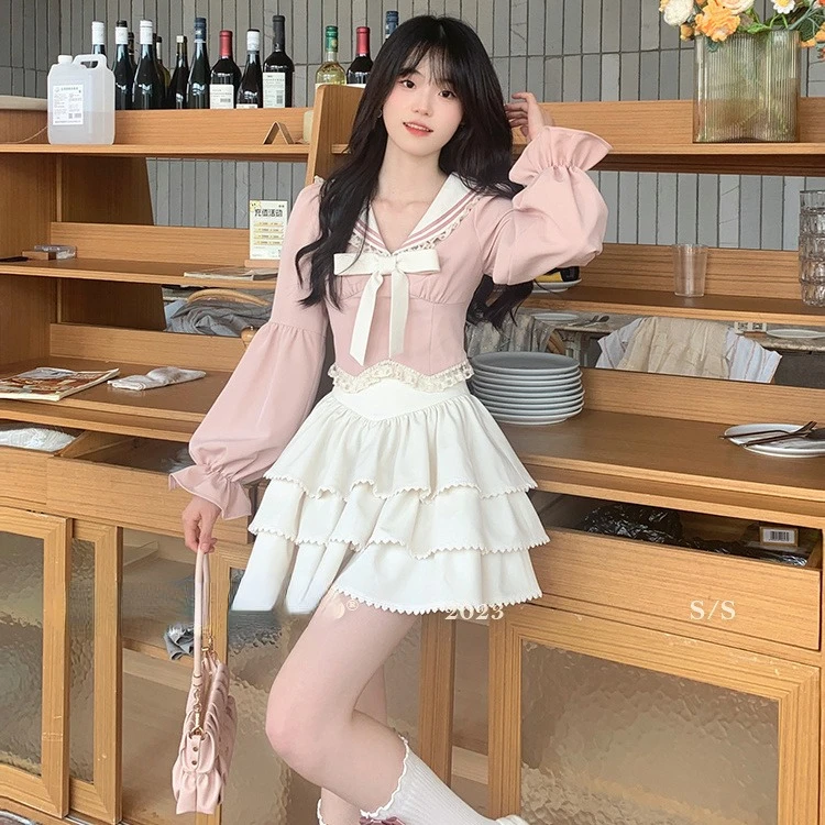 Fashion Sweet Sailor Collar Bow Long Sleeve Tops Women+ Y2k E-Girl High Waist Ruffles A-line Skirts Summer New Two Piece Sets