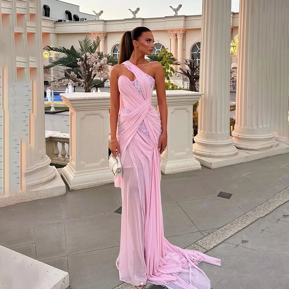 

Pink Prom Dresses for Women One Shoulder Pleat Sequin Chiffon Straight Elegant Evening Gowns Long Formal Party Dress Customized