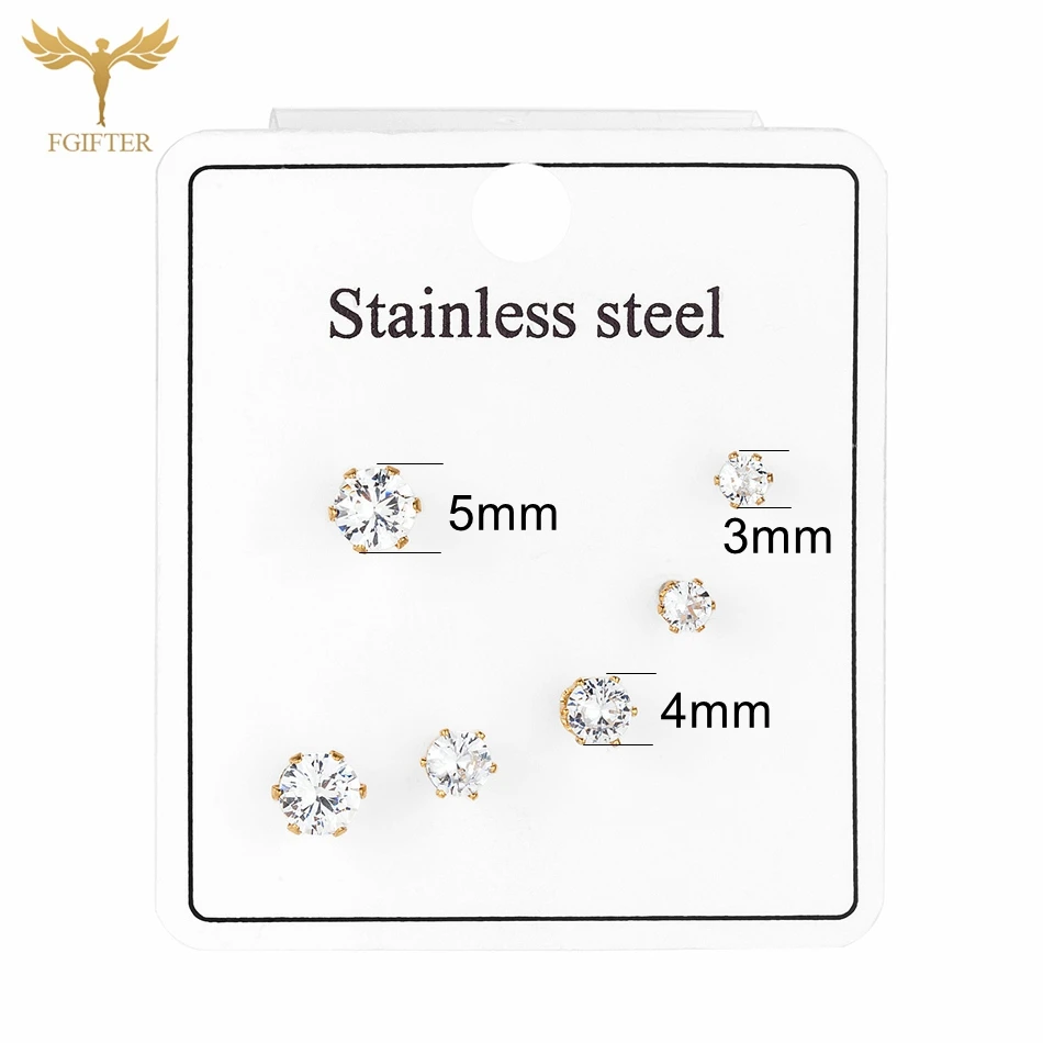 3 Pairs Stainless Steel Crystal Earrings Set For Women Geometric CZ Zircon Ear Stud Golden Silver Color Lobe Piercing Jewelry