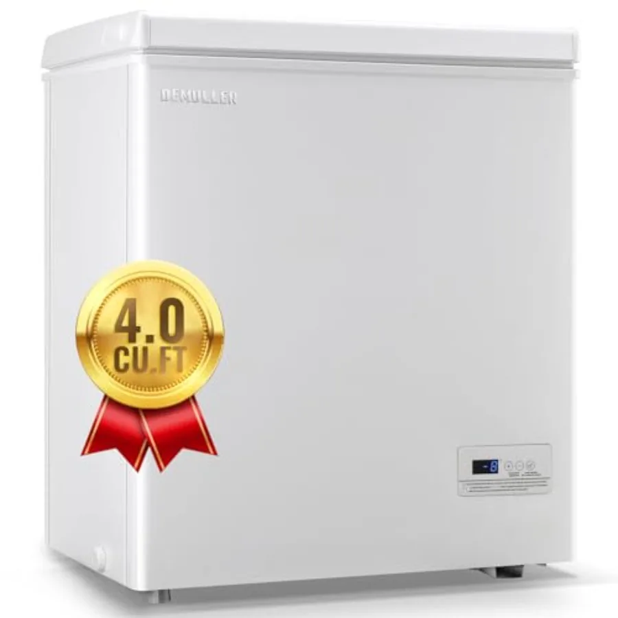 

Compact freestanding deep freezer with electronic control and topopening door featuring two removable stainless steel baskets i