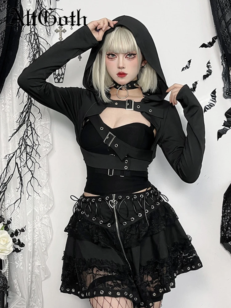 

AltGoth Harajuku Gothic Jackets Women Streetwear Cyber Punk Grunge Hollow Out Long Sleeve Hooded Crop Coats Vintage Rave Outfits