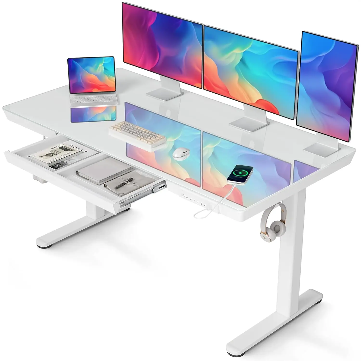 

Glass Standing Desk with Drawers, 55 Inch Adjustable Stand Up Desk, Quick Install Home Office Computer Desk with, Customized