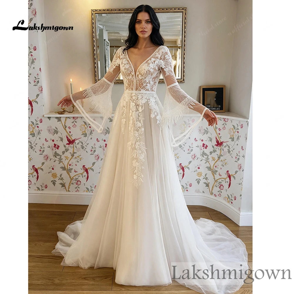 Lakshmigown Spitzen-Boho-Hochzeitskleid Glockenärmel Tiefer V-Ausschnitt Illusionsrücken A-Linie Tüll-Brautkleid Schleppe Maßanfertigung – Detail 5