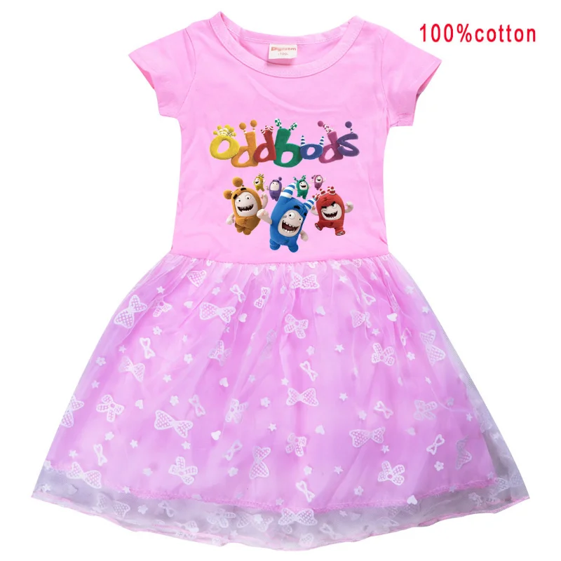 Oddbods-falda de princesa de algodón puro para niños, ropa de dibujos animados, vestido plisado de manga corta