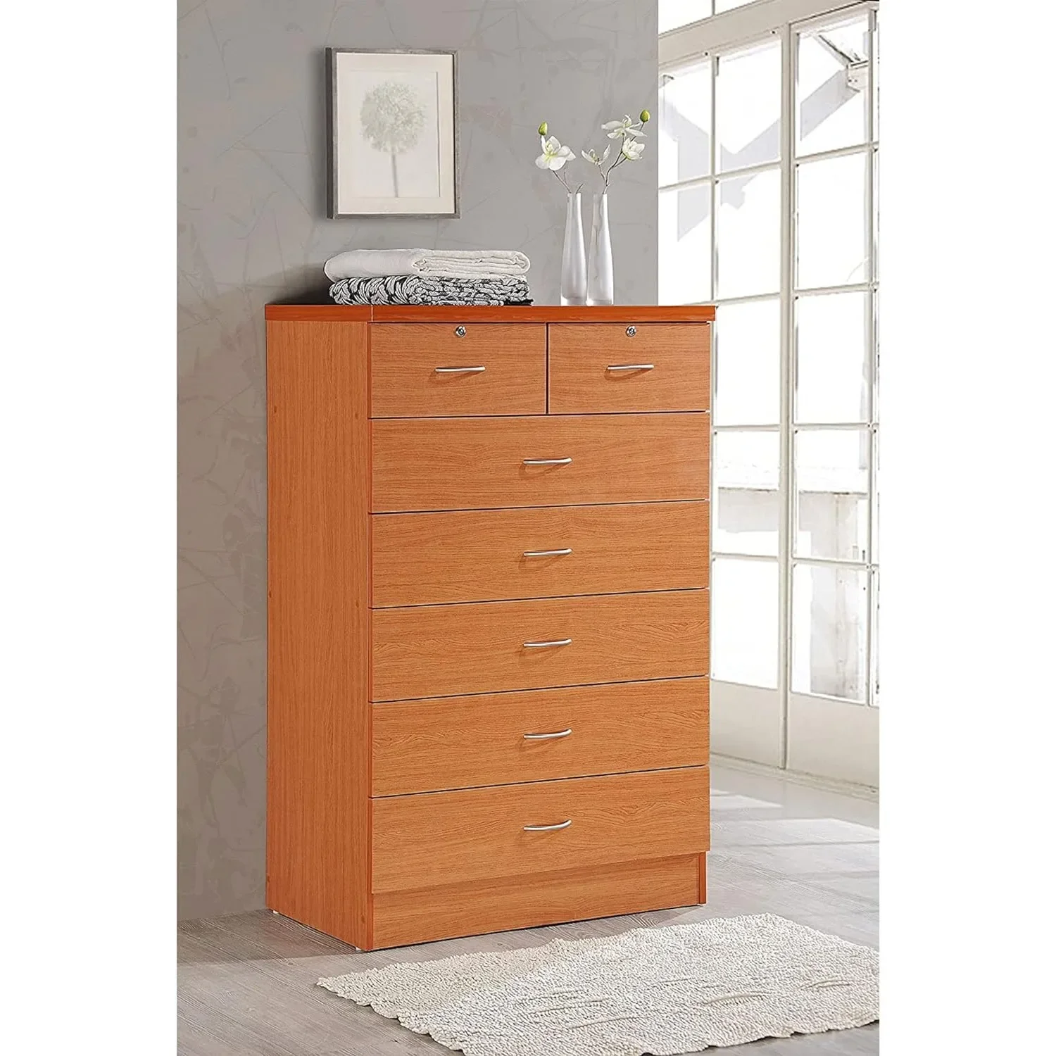 7 Drawer Wood Dresser for Bedroom 31.5 inch Wide Chest of Drawers with 2 Locks on the Top Storage Organization