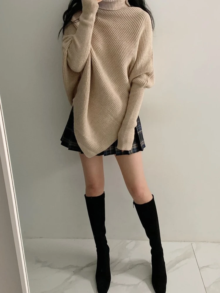 Korean Irregular Sweater Pullover Women Clothes Autumn Winter Bat Sleeve High Neck Thick Loose Split Knitted Long Sleeve Tops