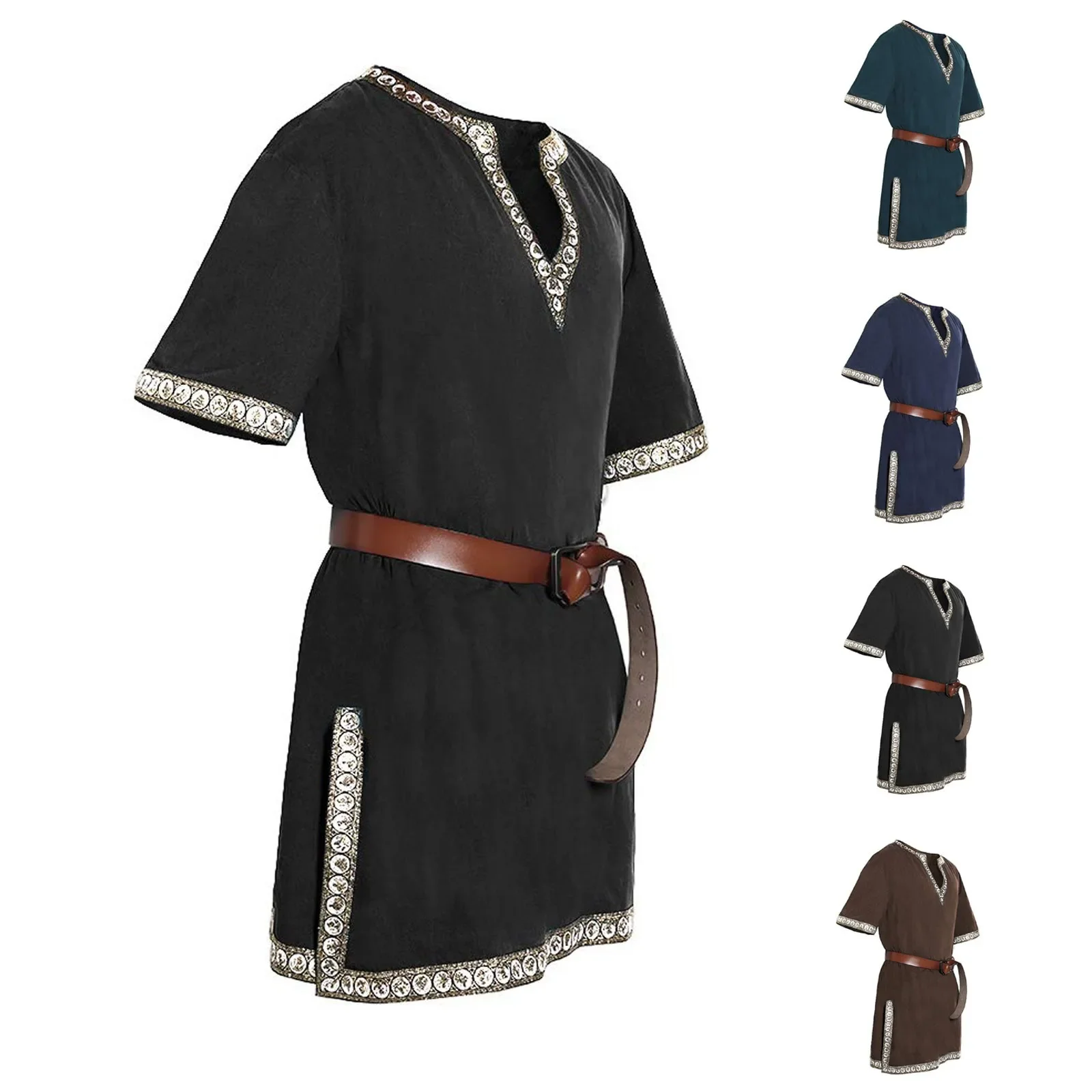 Adult Men Medieval Knight Warrior Costume Green Tunic Clothing Norman Chevalier Braid Viking Pirate Saxon Top Shirt