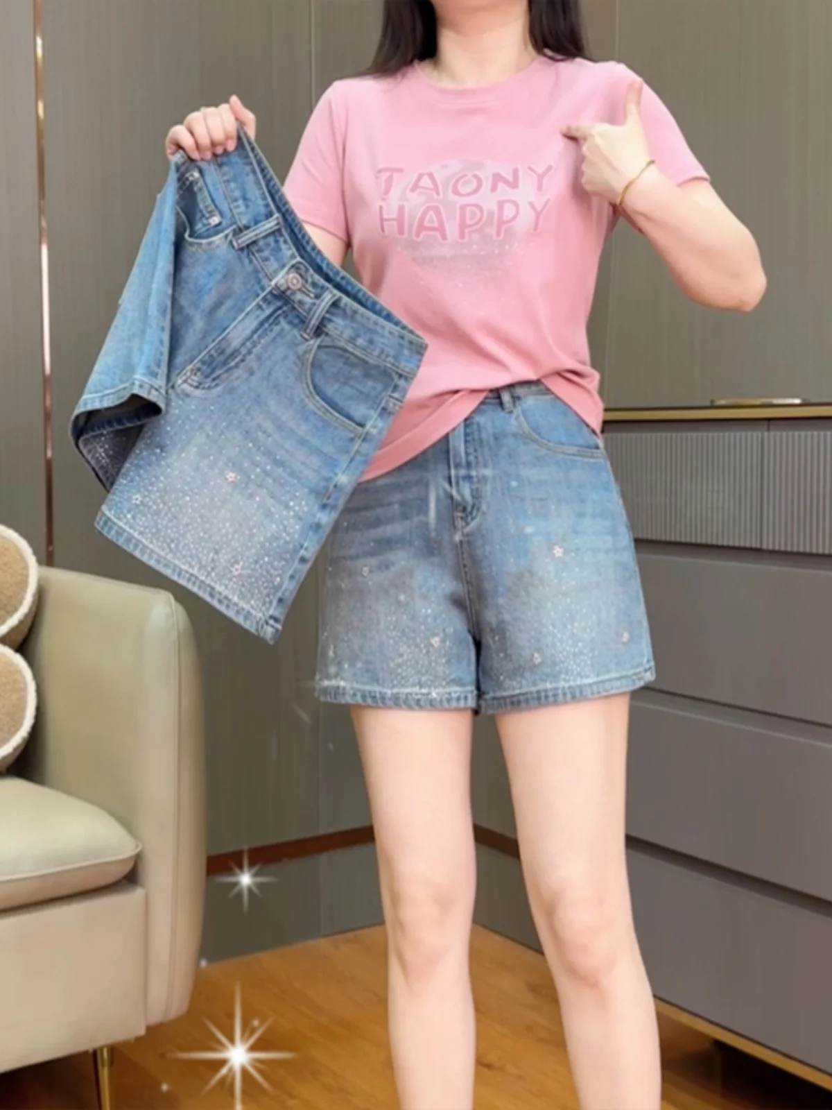 New Women's Short Jeans High Waist Distressed Diamonds Tassel Loose Wide Leg Luxury Denim Shorts 2025 Spring Fashion Wh14
