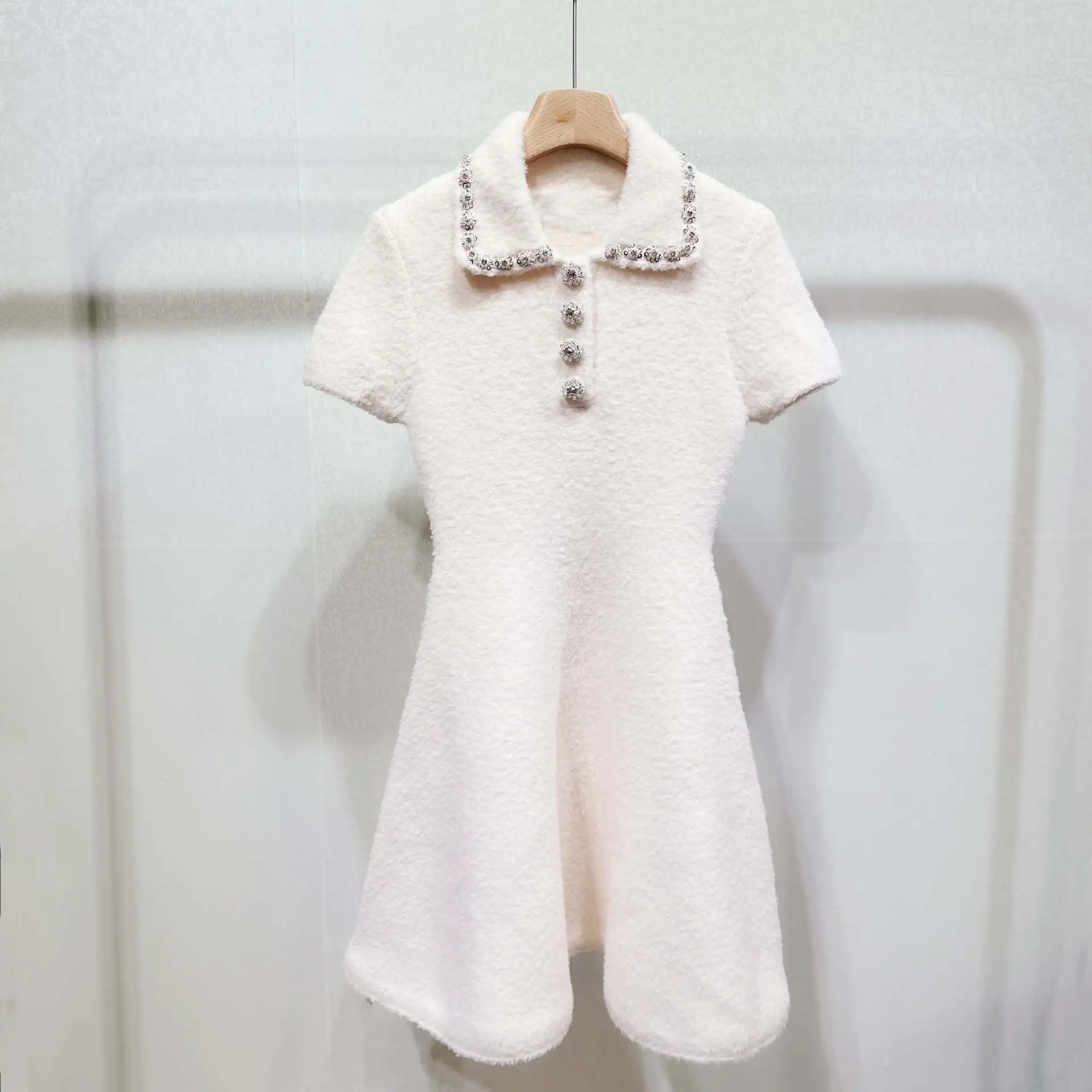 

Women Beaded Dress Front Buttons Turn-down Collar Short Sleeve Slim Elegant Autumn Mini Robe