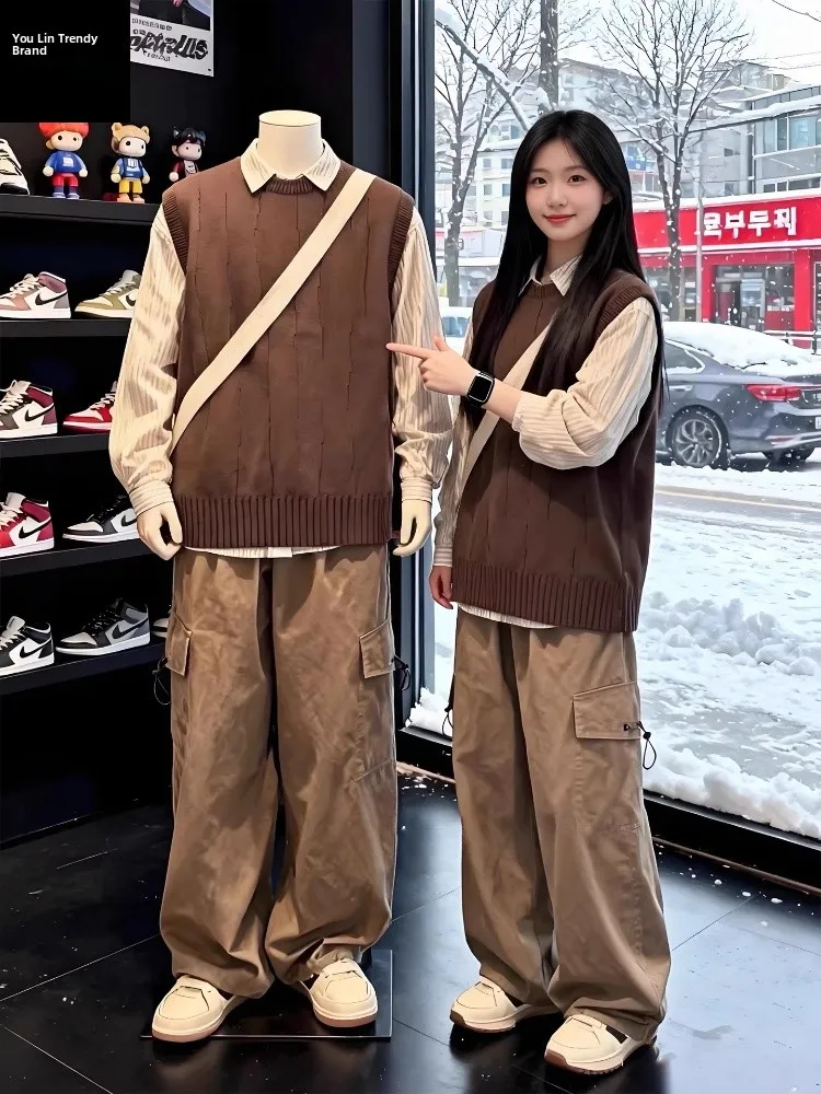 

Retro Japanese Sle round Ne Sweater Vest Men's Faion Autumn Winter Layering Svel American Sle Inner Knitwear