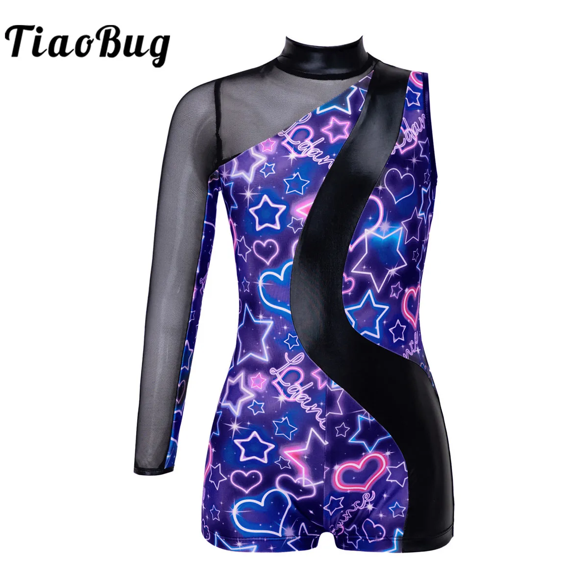 

Kids Girls Gymnastics Leotard Mesh Patchwork Ballet Dance Shorty Unitard Printed Bodysuit Jumpsuit Stage Perform Dance Costume