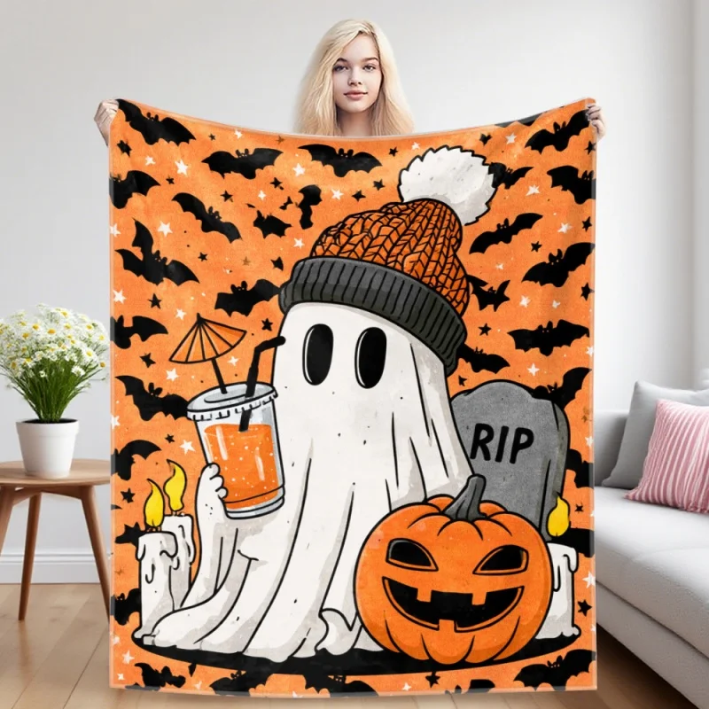 Cute Fashion Ghost Witch Hat Flannel Throw Blanket, Coffee Cup Handbag Sneaker Element Soft Cozy Blanket