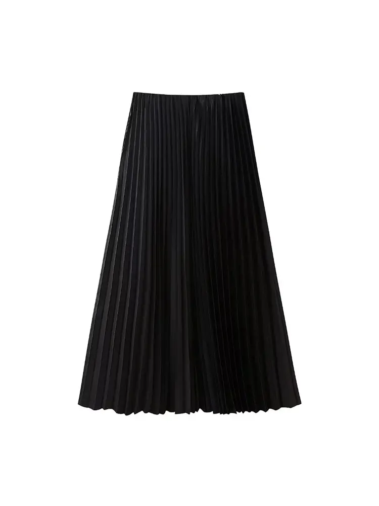 TRAF 2024 Satin Pleated Midi Skirts for Women New High Waist Skirt Woman Fashion Long Skirts Women\'s Elegant Party Skirts