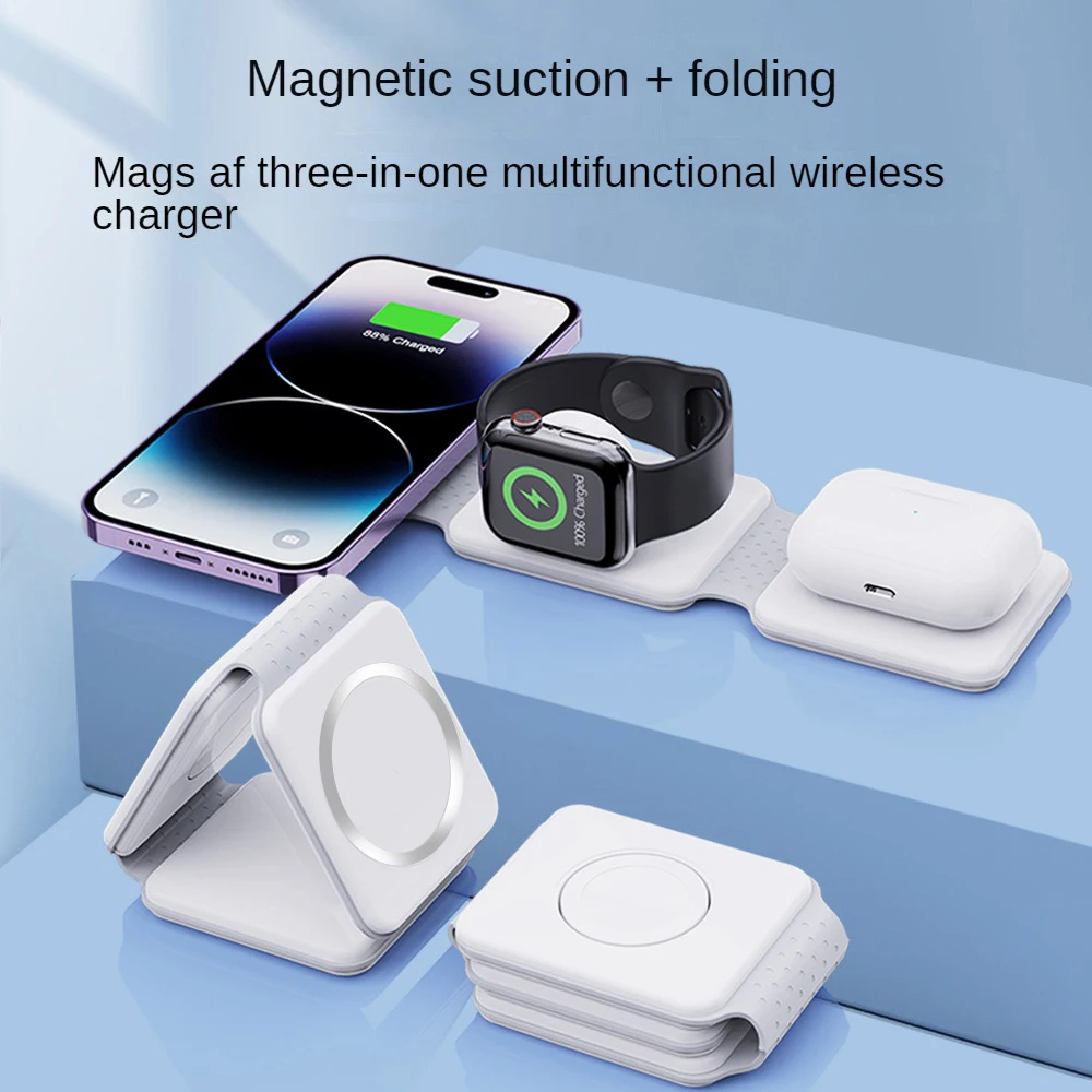 3 in 1 Wireless Charging Station Foldable Fast Charging Mobile Phone Mag Ssafe Charger for iPhone Apple Watch AirPods 2 3 Pro