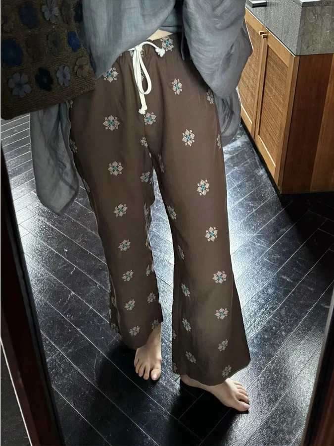 

너 коричневые хлопковые льняные повседневные брюки с цветочным принтом, широкие винтажные утягивающие летние новые женские прогулочные брюки больших размеров