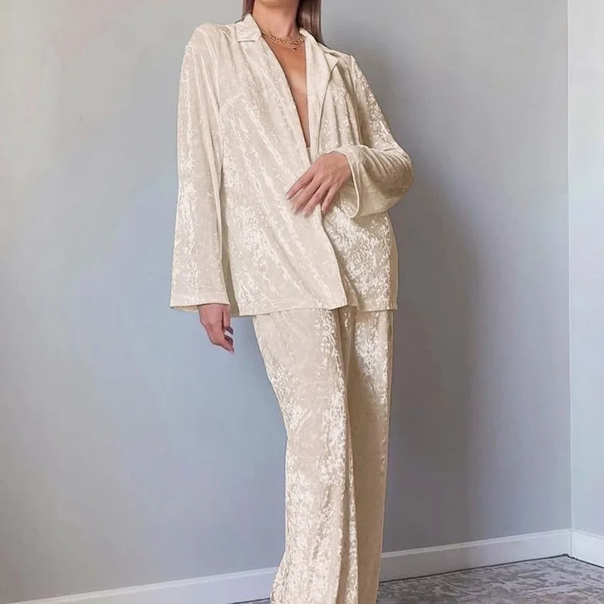 Lounge Pj Nightwear Pyjamas Velvet Blazer Style Top Wide Leg Pants Cream Beige Two Piece Long Sleeve Full Length Sleepwear Set view 4