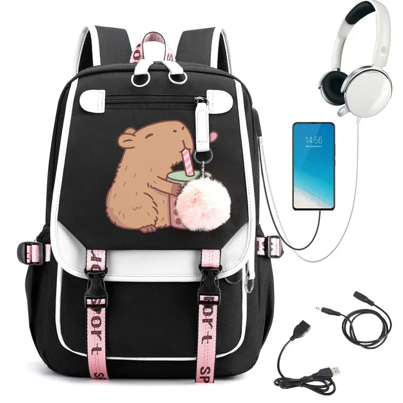 Teenage Bookbag Nylon Rucksack Cute Capybara Loves Bubble Tea Fashion Girl Backpacks Women Shoulder Bag High School Schoolbag