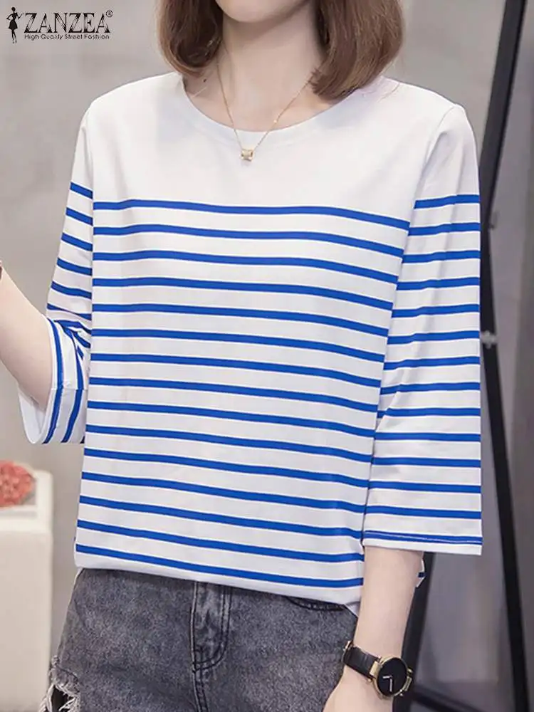 ZANZEA Casual Loose Striped Shirts Blouses Women 2024 Korean Fashion Color Blocking Summer Blusas Mujer Elegant 3/4 Sleeve Tops