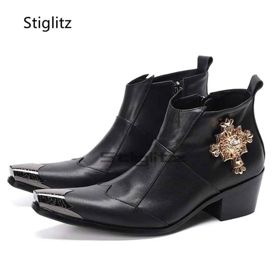 Bronze Genuine Leather Iron Toe Men\'s Chelsea Boots Zipper Metal Decor Pointy Ankle Boots High Heels Party Wedding Male Shoes