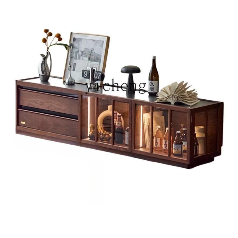 

ZC black walnut TV cabinet living room home floor solid wood small apartment TV cabinet display cabinet