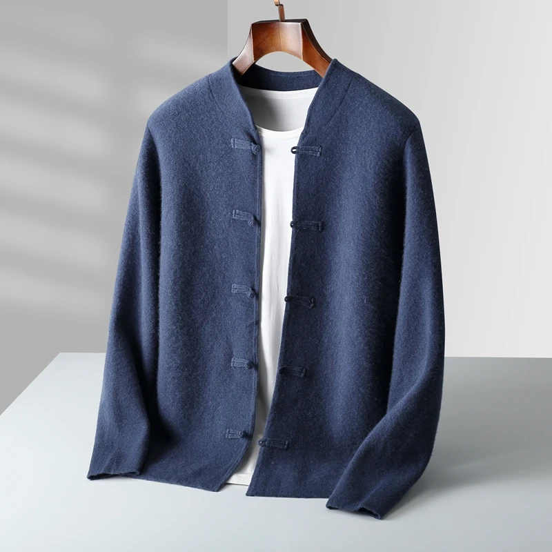 New Chinese Style Buttoned Collar 100% Cashmere Open Cardigan Sweater for Men with Thick Knitting in Autumn and Winter - Traditi