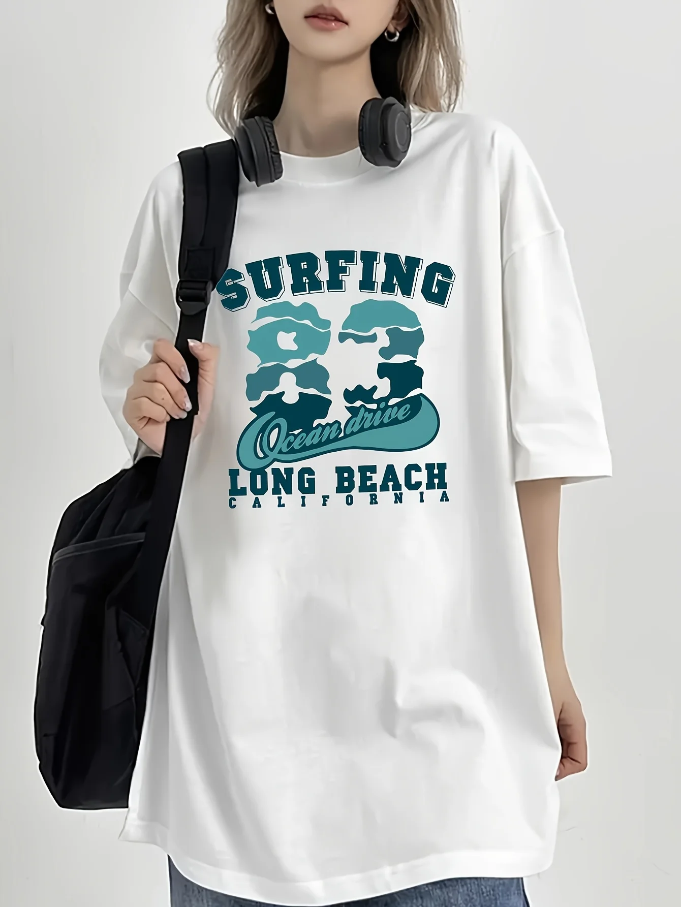 

2025 Summer New Styles White Letter Printed Short Sleeve T-shirts Plus Size Women's Round Neck Breathable Casual Loose Tops