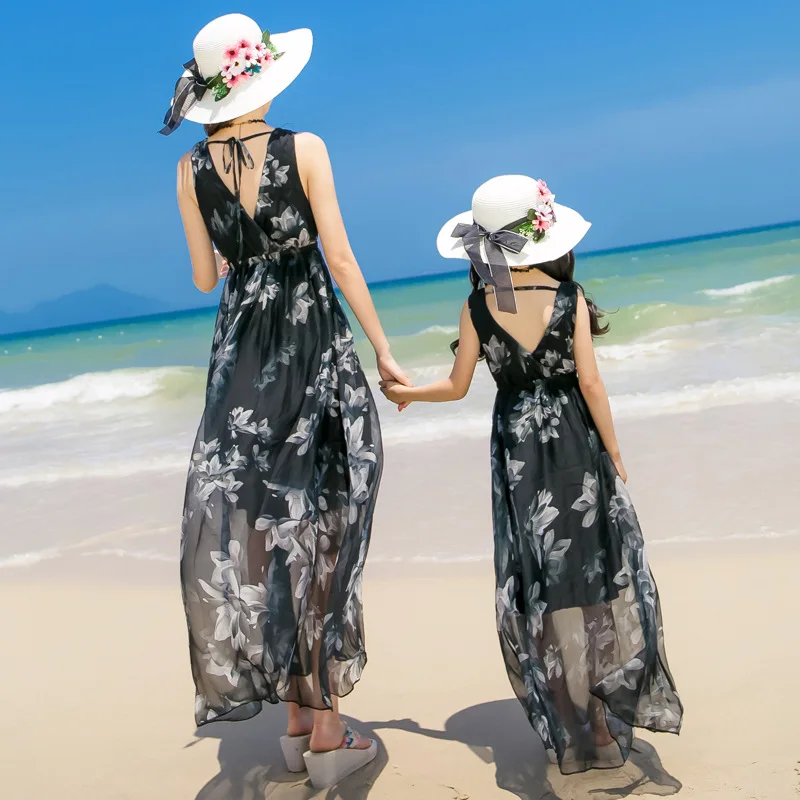 Holiday Resort Mother and Baby Girls Matching Black Dress Mommy and Me Vacation Look Clothes Mom and Me Beach Sleeveless Dresses