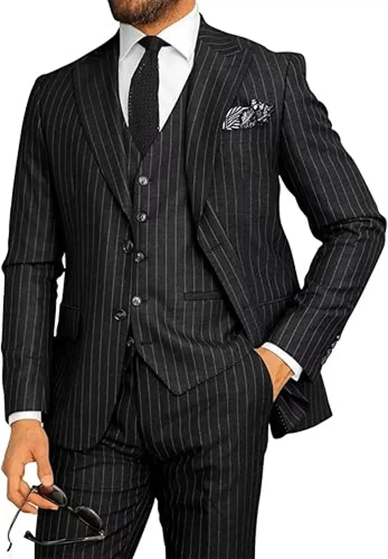 Men\'s Classic Formal Pinstripe Tuxedos Suits 3 Pieces Slim Fit Blazer Peak Lapel Two Button Groomsmen Wedding Dress Business