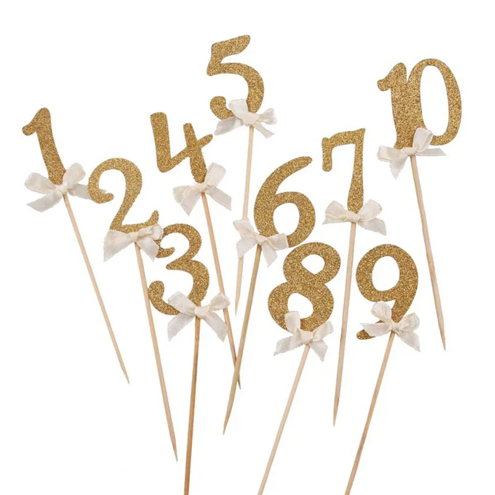 

10pcs Gold Glitter Cake Topper Number Cupcake Toppers Birthday Party Decorations Gifts Picks Baby Shower Kids Favors