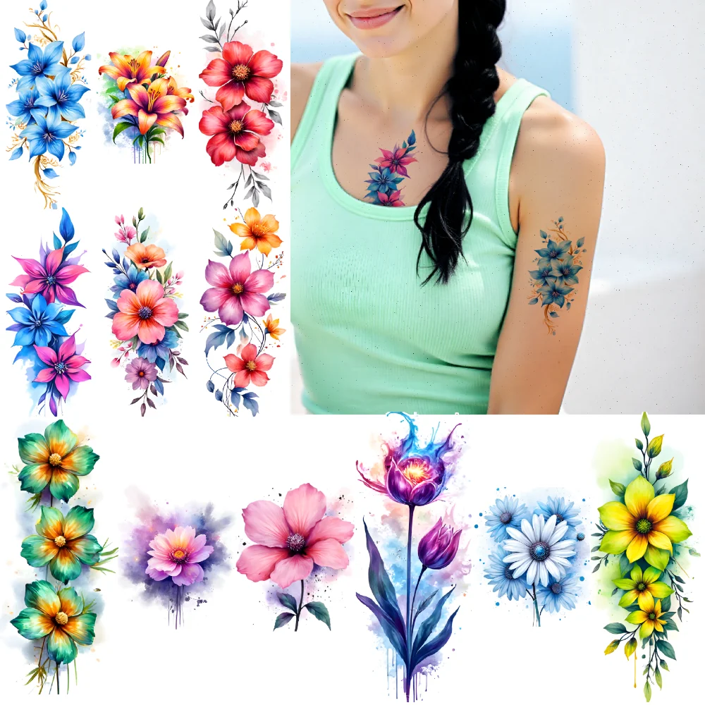 

12 шт. временные татуировки акварельные цветы временные татуировки наклейки цветочный дизайн водостойкие долговечные наклейки для тела для