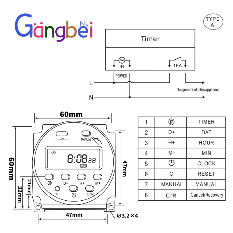 Relé programável do interruptor do tempo de Digital LCD, temporizador do poder, CN101, 220V, 110V, 24V, 12V, 16A, CN101