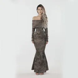 Vintage Slash Neck Printing Dress Women Spring Sexy Slim Long Sleeve Vacation Dress Ladies Harajuku Elegant Streetwear Vestido