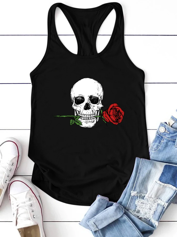 Loose Summer Skulls Tee Shirt Vintage Crew Neck Y2k Women 90s Tops Clothes Femme Skull Rose Print Funny  Tank